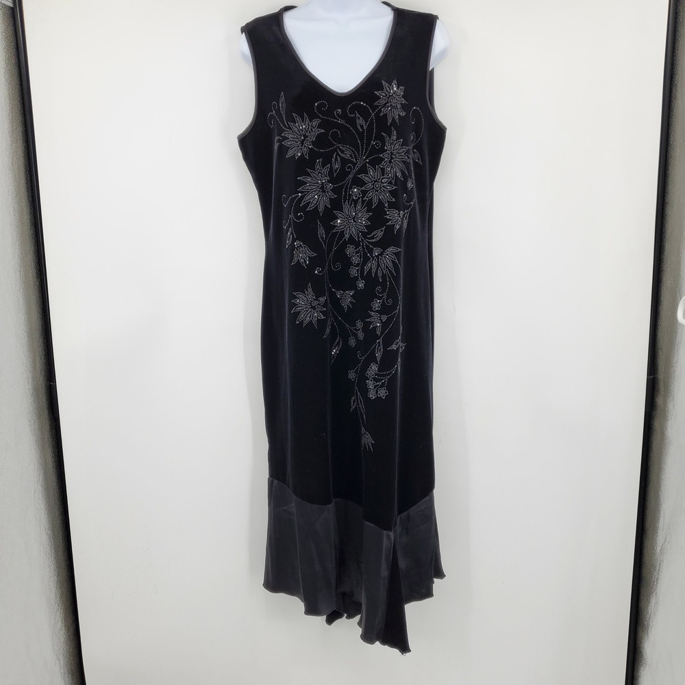 Fashion Bug Vintage Black Velvet Floral Embroidered Midi Dress Asymmetrical Hem